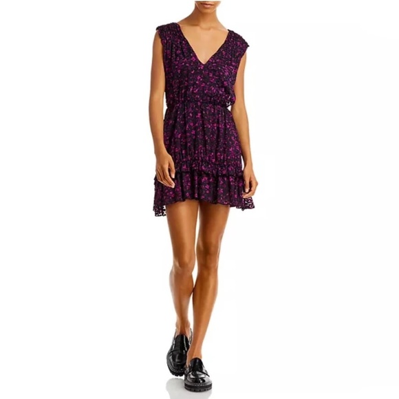 NWT Ramy Brook Romina Black/Plum Printed Mini Cocktail Dress – Size 6 – Ruffle H - Picture 1 of 6